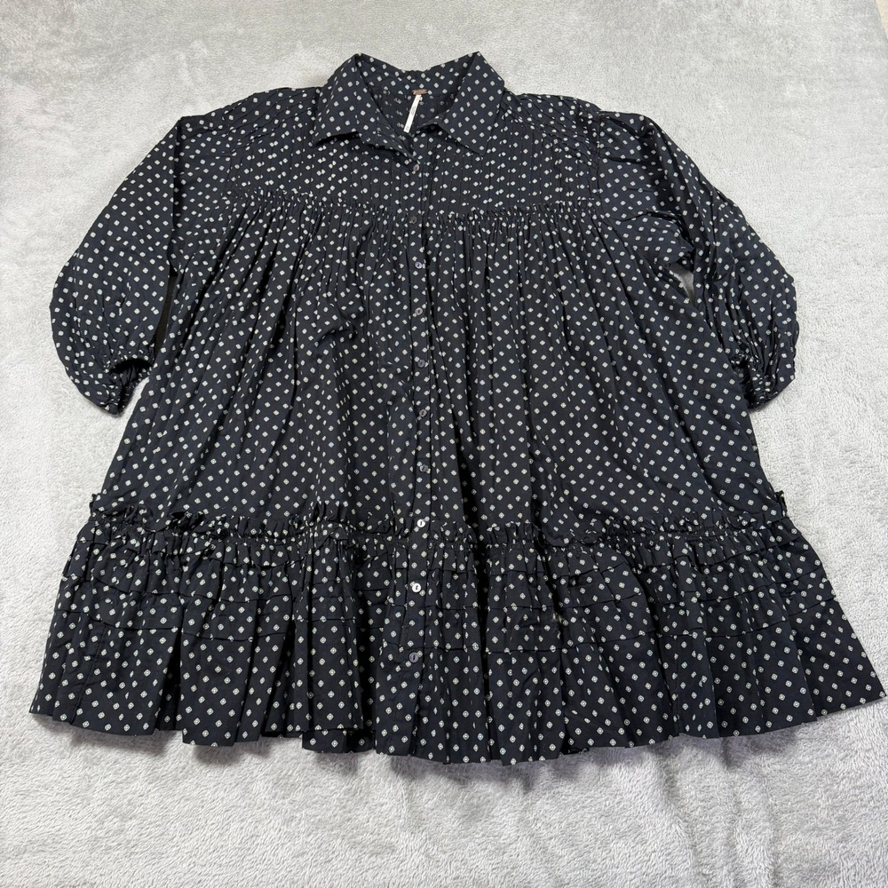 Free People Full Swing Mini Dress Women XS Black Polka Dot Boho Ruffled